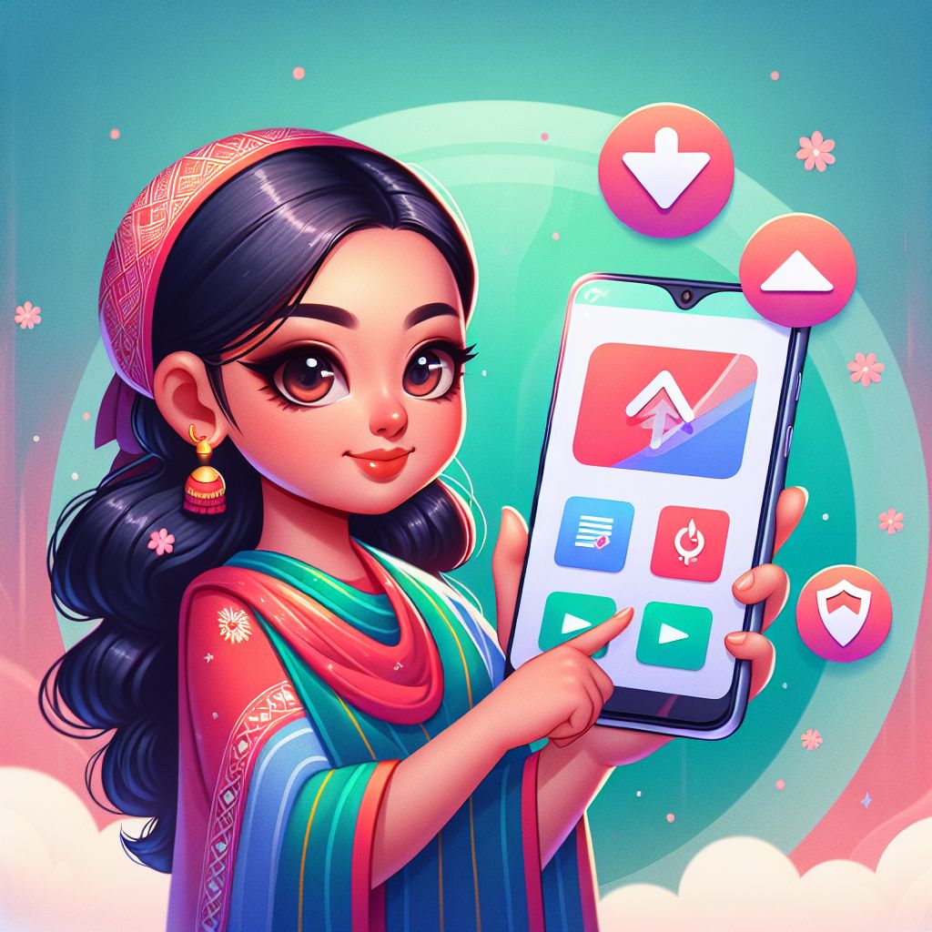 Cartoon character holding a smartphone with 3777bat app interface and Bangladesh-themed accents