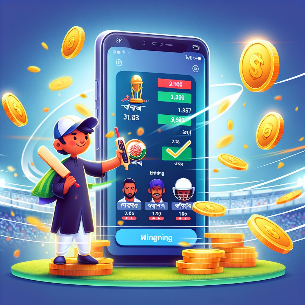 Cartoon bettor holding a phone with live odds and sports icons in a Bangladesh-themed color palette