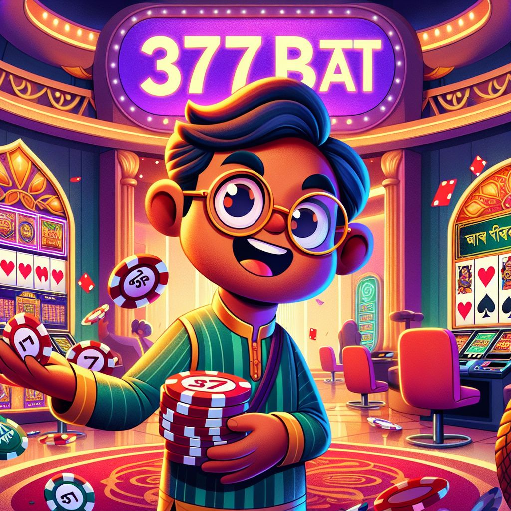 3777bat casino cartoon character with chips, cards, and slot reels
