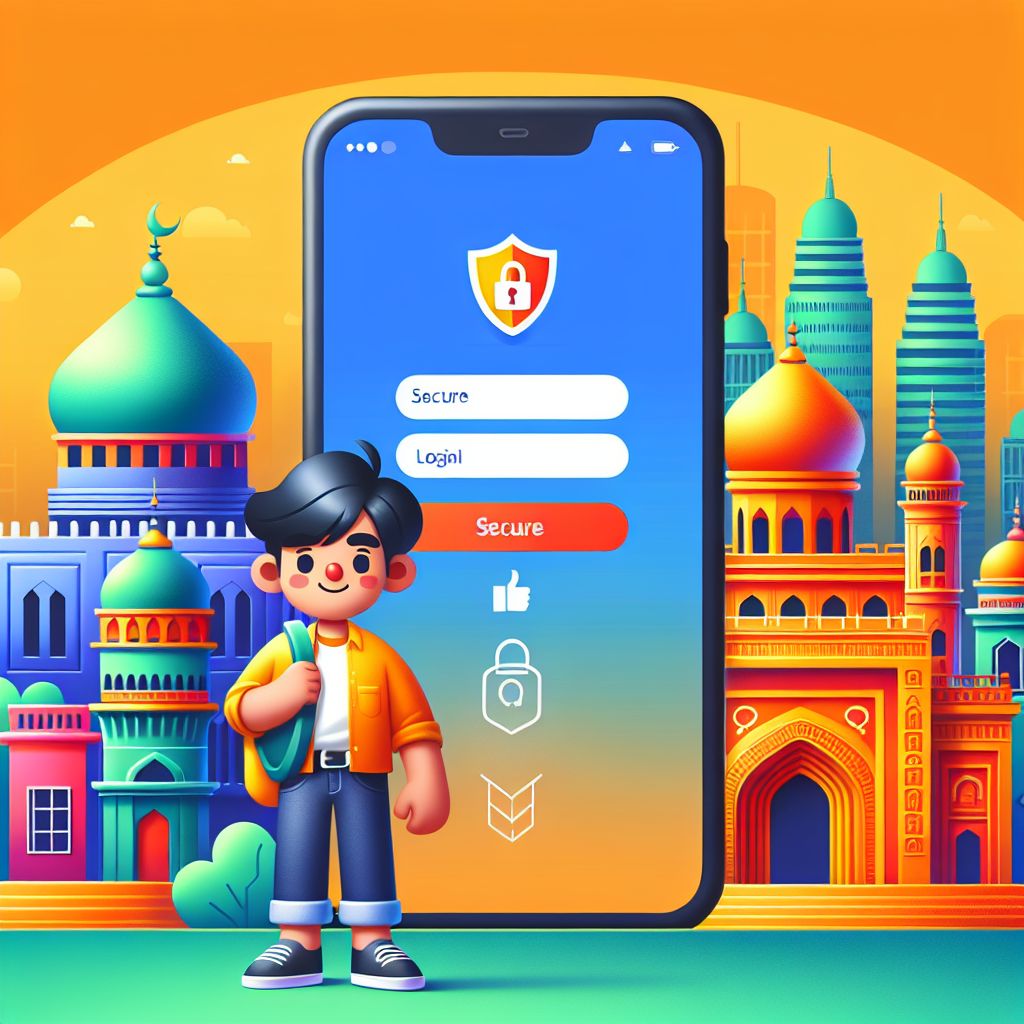 Cartoon character holding a phone with a secure login screen and shield icon