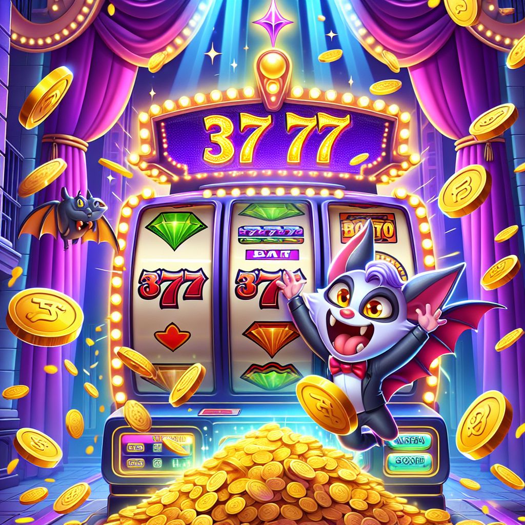 3777bat cartoon character spinning a slot machine with coins and glowing reels